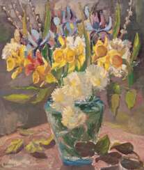 Vallan, E. &quot;Stilleben mit Frühlingsstrauß in Vase&quot;, Öl/ Karton, signiert u.l., rückseitig Aufkleber &quot;Memorial Art Museum London-Canada&quot;, 61x50 cm, Rahmen