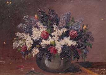 Rammelt-Bürger &quot;Stilleben mit Blumenstrauß in Vase&quot;, Öl/ Mp., sign. u.l., kl. Farbabplatzungen, 13x18 cm, Rahmen