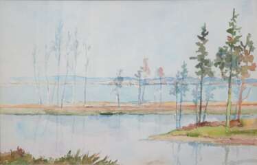 Schubert, Otto (1892 Dresden- 1970 Dresden) &quot;Seenlandschaft&quot;, Aquarell, sign. u.r., 34x49,5 cm, im Passepartout hinter Glas und Rahmen