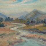 "Sommerliche Berglandschaft mit Fluß", Öl/ Karton, unsign., 12,5x18,5 cm, Rahmen - Foto 1