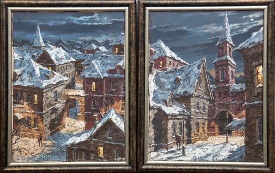 2 Gemälde Russischer Künstler "Winterliche Stadtansichten", Öl/ Lw., rückseitig auf Lw. kyrillisch sign., je 39x30 cm, Rahmen - Foto 1