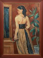 Schubert, Otto (1892 Dresden- 1970 Dresden) &quot;Elegante junge Dame mit Blumenstrauß in einem Interieur&quot;, Öl/ Lw., sign. u.r., 110x75,5 cm, Rahmen