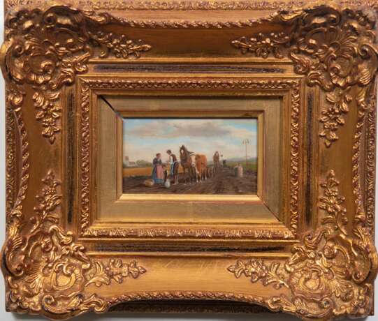 Miniatur-Gemälde Anfang 20. Jh. "Rast bei der Feldarbeit", Öl/ Holz, unsign., 6x9,5 cm, Rahmen - Foto 1