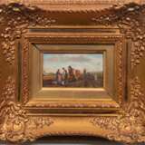 Miniatur-Gemälde Anfang 20. Jh. "Rast bei der Feldarbeit", Öl/ Holz, unsign., 6x9,5 cm, Rahmen - Foto 1