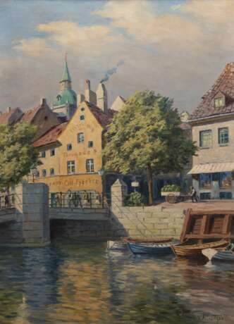 Albertsen, Valdemar (1868-1954, Dänemark) "Kanal mit Brücke in der Altstadt", Öl/Lw., sign. u.r., 95x67 cm, Rahmen - Foto 1