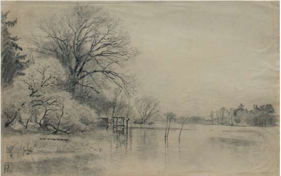 Tübbecke, Paul Wilhelm (1848 Berlin-1924 Weimar) "Baumbestandenes Ufer", Zeichnung, monogrammiert u.r. (verdeckt im Rahmen) 25x43cxm, lose hinter Glas im Passepartout und Rahmen (Landschaftsmaler und Radierer, … - photo 1