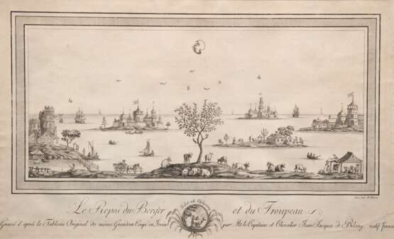 Heland, Rudolph Marten (1765-1814, schwedischer Künstler) "Die Ruhe des Hirten und der Herde", Grafik, 25,5x43 cm, im Passepartout hinter Glas und Rahmen - фото 1