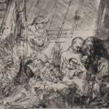 Rembrandt van Rijn (1606 Leiden-1669 Amsterdam) "Die Beschneidung Jesus im Stall", Radierung/ Bütten, Nachdruck mit den Originalplatten, 18. Jh., in der Platte sign., Blatt fleckig Bild nicht betroffen, 9,5x14,… - photo 1