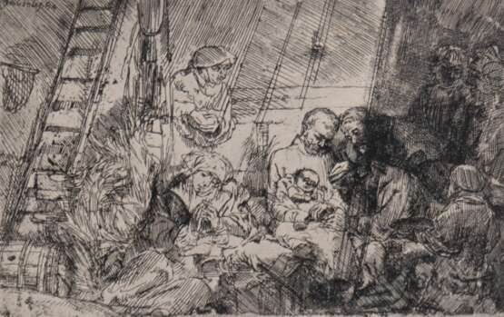 Rembrandt van Rijn (1606 Leiden-1669 Amsterdam) "Die Beschneidung Jesus im Stall", Radierung/ Bütten, Nachdruck mit den Originalplatten, 18. Jh., in der Platte sign., Blatt fleckig Bild nicht betroffen, 9,5x14,… - Foto 1