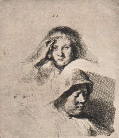 Rembrandt van Rijn (1606 Leiden-1669 Amsterdam) "Drei Frauenköpfe", Radierung/ Bütten, Nachdruck mit den Originalplatten, 18. Jh.,Blatt fleckig, 12,5x10,5 cm, Blattgröße 54x35 cm, ungerahmt (Rembrandt war ein n… - фото 1