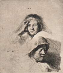 Rembrandt van Rijn (1606 Leiden-1669 Amsterdam) &quot;Drei Frauenköpfe&quot;, Radierung/ Bütten, Nachdruck mit den Originalplatten, 18. Jh.,Blatt fleckig, 12,5x10,5 cm, Blattgröße 54x35 cm, ungerahmt (Rembrandt war ein n…