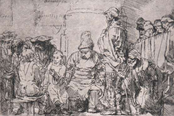 Rembrandt van Rijn (1606 Leiden-1669 Amsterdam) "Der zwölfjährige Jesus im Tempel", Radierung/ Bütten, Nachdruck mit den Originalplatten, 18. Jh., in der Platte sign., 10x14,5 cm, Blattgröße 54,5x35 cm, ungerah… - photo 1