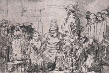 Rembrandt van Rijn (1606 Leiden-1669 Amsterdam) &quot;Der zwölfjährige Jesus im Tempel&quot;, Radierung/ Bütten, Nachdruck mit den Originalplatten, 18. Jh., in der Platte sign., 10x14,5 cm, Blattgröße 54,5x35 cm, ungerah…