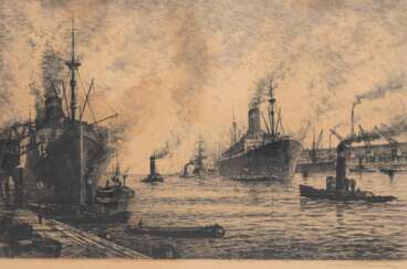 Klemke, Hans (1892-1960) &quot;Die Antares kommt in Hamburg an&quot;, Radierung, sign. u.r., 32x46 cm, hinter Glas und Rahmen