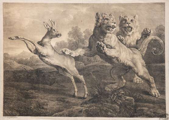 Piloty, Ferdinand I (1786 Homburg-1844 München) "Löwen bei der Jagd", Kupferstich, nach Frans Snyders (1579-1657?), Blatt gebräunt, mittig Knickfalte und rep., 39x54 cm, ungerahmt - Foto 1