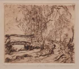 Schultze-Jasmer, Theodor (1888 Oschatz-1975 Prerow/Darß) &quot;Allee mit Brücke&quot;, Original Radierung, signiert u.r., 15x17 cm, im Passepartout hinter Glas und Rahmen (Studium an der Leipziger Kunstakademie, Sommerau…