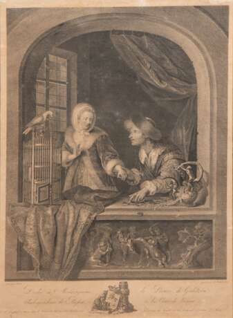 "Schmuckhändler am Fenster", Stich, 1786, 46x31,5 cm, im Passepartout hinter Glas und Rahmen - Foto 1