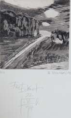 Matthies, Britta (1949 Graupa) &quot;Landschaft&quot;, Radierung, 7/10, signiert und datiert '04 u.r., mit Widmung, 10x10 cm, ungerahmt