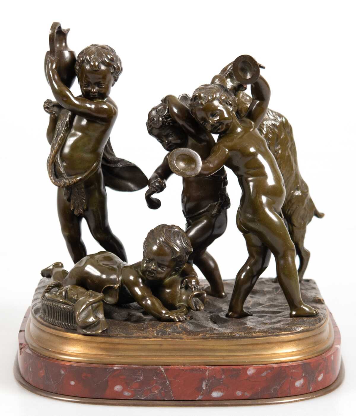 Clodion, Claude Michel (1738 Nancy- 1814 Paris) &quot;Spielende Putti und Bacchusknabe mit Ziege&quot;, Bronze dunkel patiniert, 19. Jh., auf dunkelrotem Marmorsockel (bestoßen), Ges.-H. 22,5 cm