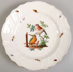 Meissen-Teller, ca. 1740-1780, im Spiegel polychrome Vogelmalerei mit Insekten, Maler: Christian Lindner (1728- 1806), Form Neubrandenstein, Goldrand berieben, Gebrauchspuren, 1. Wahl, Dm. 23,5 cm