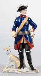 Porzellanfigur &quot;Alter Fritz in Uniform mit Windspiel&quot;, Rudolf Kämmer, Volkstedt, polychrom bemalt, H. 28,5 cm