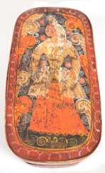 Brauthutschachtel,19. Jh., oval, Spanschachtel, polychrom gefaßt, mit figürlicher und ornamentaler Malerei, Gebrauchspuren, 12,5x17,5x33,5 cm