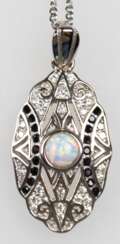 Kette und Anhänger mit Öse ca. 2,6 x 1,3 cm, 925er Silber, schwarze und weiße Zirkonia, Opal, Kettenlänge ca. 45,5 cm