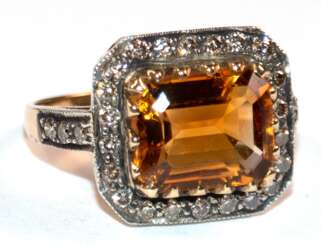 Ring, 750er GG, ca. 4,5 g, Citrin ca. 3,07 ct., Brillanten ca. 0,46 ct., in Silber-Fassung, RG 53, Innendurchmesser 16,8 mm