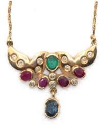 Collier, 750er GG, schauseitig besetzt mit 12 Brillanten, 4 Rubinen, 1 Saphir und 1 Smaragd in Zargenfassung, Ges.-Gew. 6,5 g, L. 40 cm