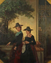 Maler des 19. Jh. ''Kirchgang'' zwei Frauen in Zil…