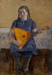 SHEVANDRONOVA, IRINA (1928-1993) Girl with Balalaika , signed and dated 1964, also further signed, titled in Cyrillic, dated and with a pencil drawing of a cart on the reverse.