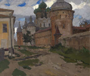 STOZHAROV, VLADIMIR (1926-1973) Kremlin, Corner Tower. Rostov Yaroslavsky , titled in Cyrillic and dated “14, 8 56”, also further signed and titled on the stretcher.