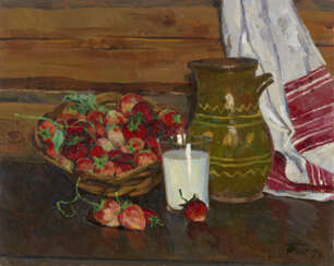 PODLIASKY, YURI (1923-1987) Strawberries and Milk , signed and dated 1973, also further signed twice, titled in Cyrillic and dated three times on the reverse, twice “N-10/VII-73” and “K-12/VII- 73”, also further signed and titled on the stretcher.