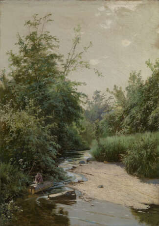 SHILDER, ANDREI (1861-1919 ) Fisherman on the Forest River , signed and dated 1888. - Foto 1