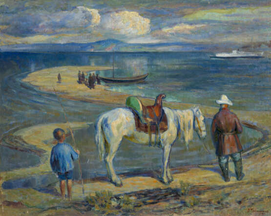 TROFIMOV, VIKENTIY (1878-1956) Kazakh with His Horse at the River Crossing , signed and dated 1930, also further signed on the reverse. - Foto 1