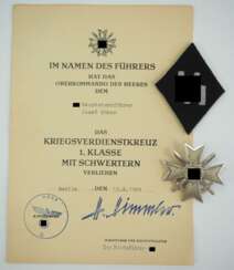 Kriegsverdienstkreuz, 1. Klasse mit Schwertern und Urkunde für einen SS Hauptsturmführer.