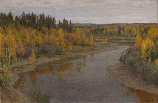 GRITSAI, ALEXEI (1914-1998) Golden Autumn. Forest River , signed and dated 1985–1986, also further signed, titled in Cyrillic and dated 1984–1991 on the stretcher. - Foto 1