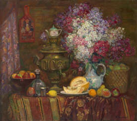 SOLDATENKOV, IGOR (1934-2009) Still Life with Samovar, Melon and Flowers , signed, also further signed, titled in Cyrillic and dated 1995 on the reverse.