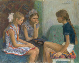 GRIGORIEV, SERGEI (1910-1988) Girls Listening to Music , signed and dated 1981, also further signed, titled in Cyrillic, numbered "1343" and dated on the reverse.