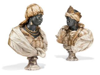 A PAIR OF ALABASTER, MARBLE, GILT-BRONZE AND PAINTED PLASTER BUSTS OF A MAN AND WOMAN