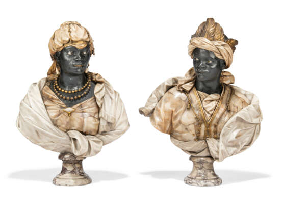 A PAIR OF ALABASTER, MARBLE, GILT-BRONZE AND PAINTED PLASTER BUSTS OF A MAN AND WOMAN - photo 2
