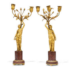 A PAIR OF LATE LOUIS XVI ORMOLU AND MARBLE THREE-BRANCH CANDELABRA