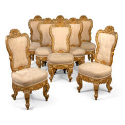 A SET OF EIGHT NEO-BAROQUE GREY-PAINTED AND PARCEL-GILT SIDE CHAIRS