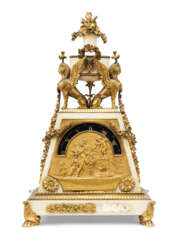 A LATE LOUIS XVI WHITE MARBLE AND BLUE ENAMEL STRIKING MANTEL CLOCK 'LE SACRIFICE A L'AMOUR'