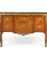 A LATE LOUIS XV ORMOLU-MOUNTED, TULIPWOOD, AMARANTH AND BOIS DE BOUT MARQUETRY COMMODE