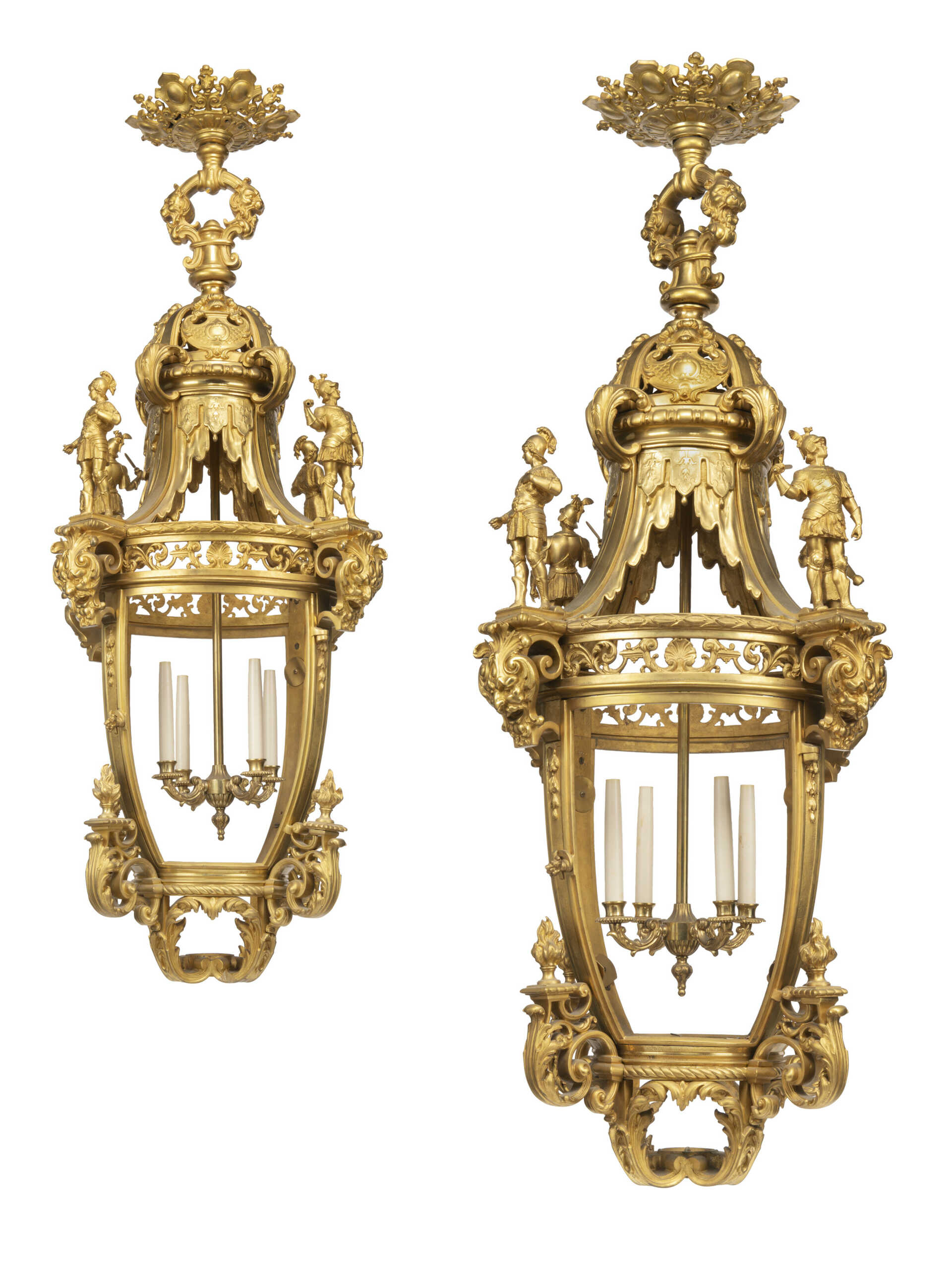 A PAIR OF LARGE FRENCH ORMOLU FOUR-LIGHT LANTERNS