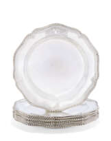 A SET OF TEN GEORGE III SILVER DINNER PLATES FROM THE DUTTON SERVICE