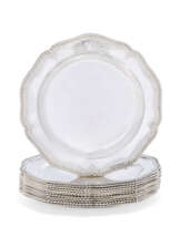 A SET OF TWELVE GEORGE II SILVER DINNER PLATES FROM THE DUTTON SERVICE