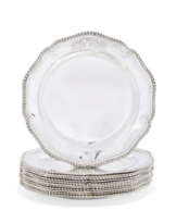 TWELVE GEORGE III SILVER DINNER PLATES FROM THE DUTTON SERVICE