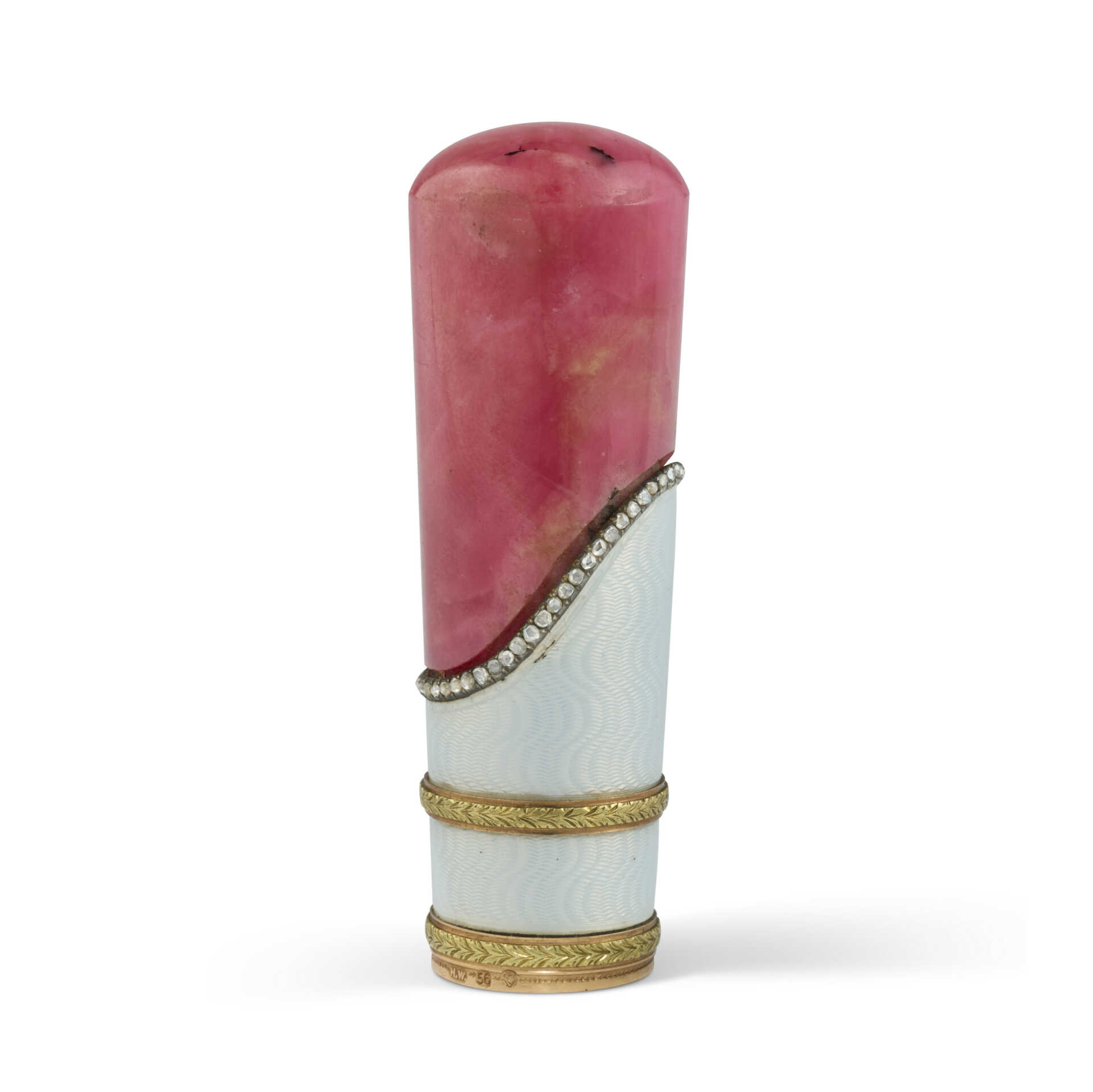 A JEWELLED TWO-COLOUR GOLD-MOUNTED AND GUILLOCHÉ ENAMEL RHODONITE PARASOL HANDLE